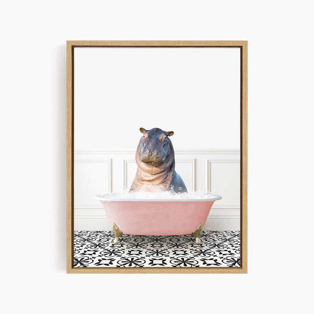 A hippopotamus sitting in a pink bathtub filled with water, surrounded by a black and white patterned floor.