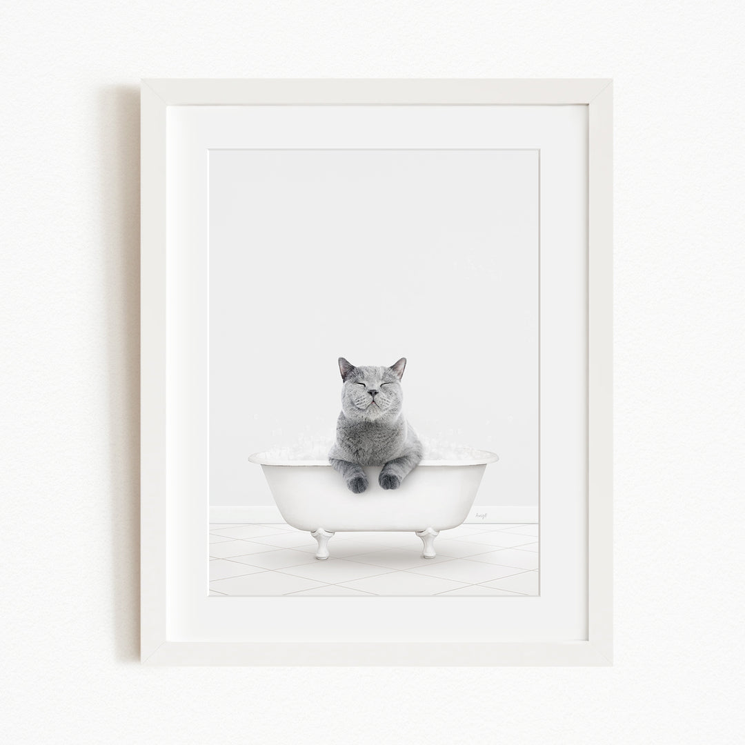 A gray cat sitting in a white bathtub, looking content and relaxed.