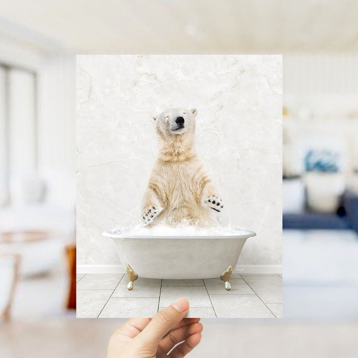 A polar bear standing in a bathtub filled with bubbles, with its eyes closed and appearing to be enjoying the bath.