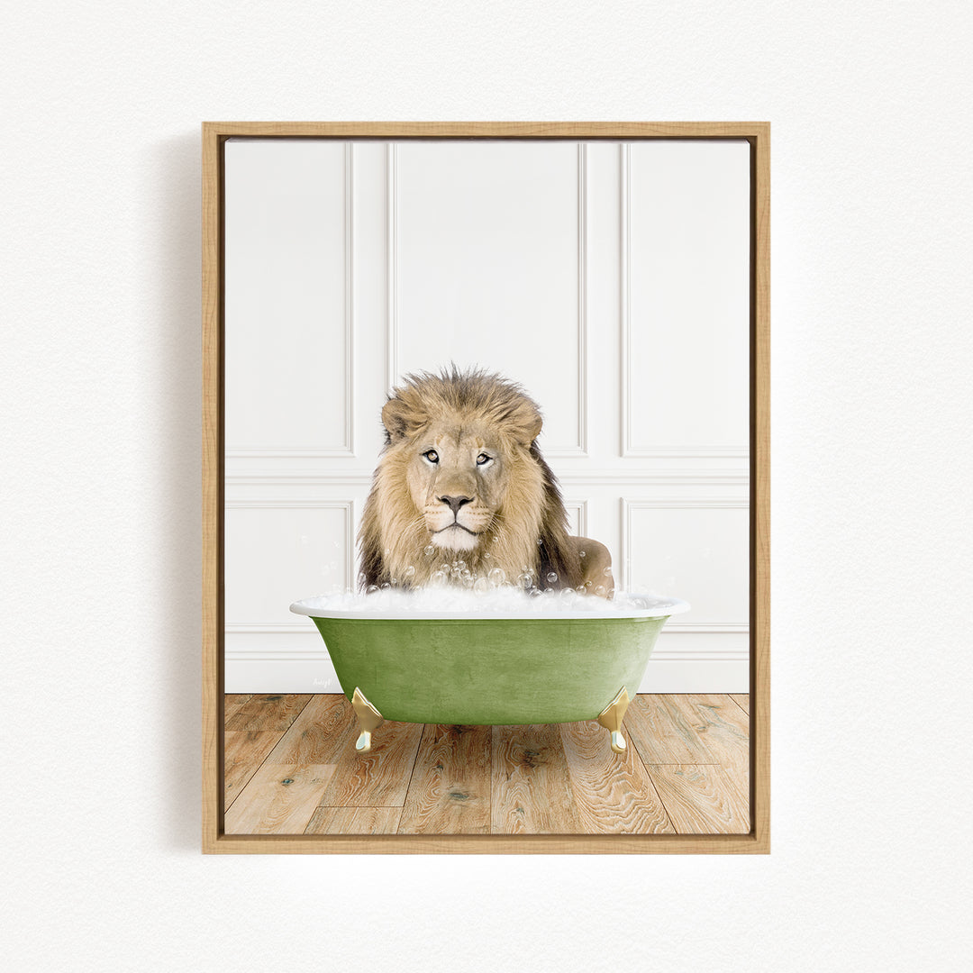 A lion sitting in a green bathtub filled with bubbles, looking directly at the camera.