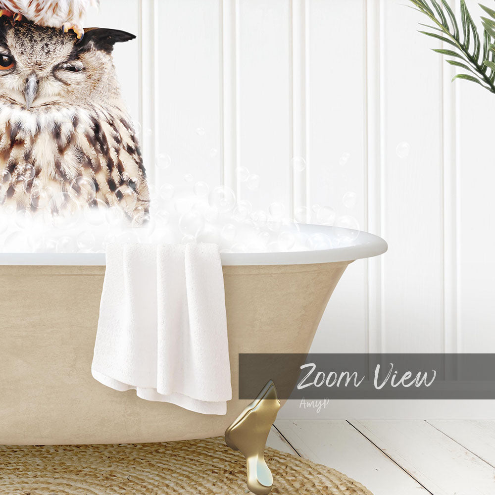 A close-up of an owl sitting in a bathtub filled with bubbles, with a towel and a plant visible in the background.