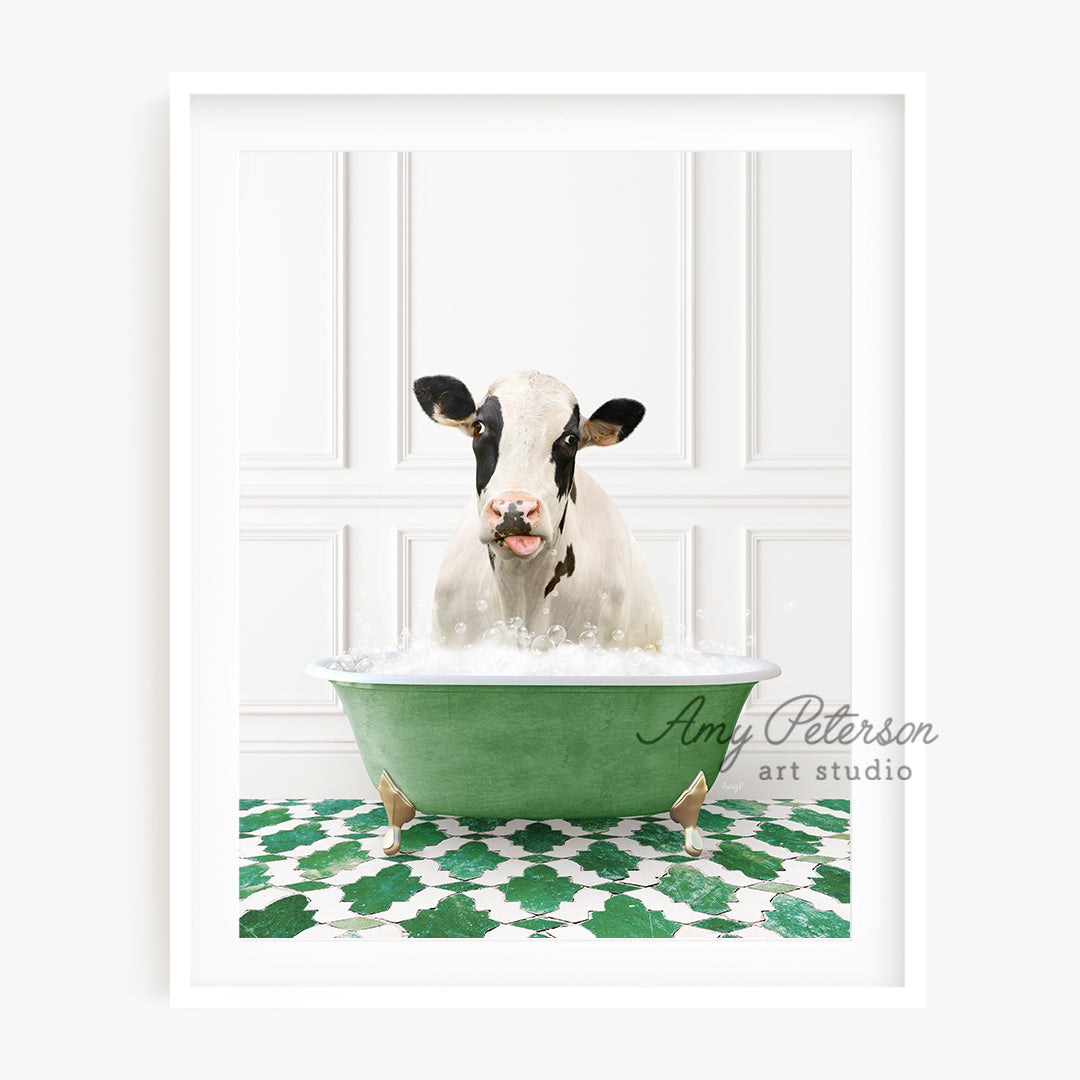 a cow is taking a bath in a green tub