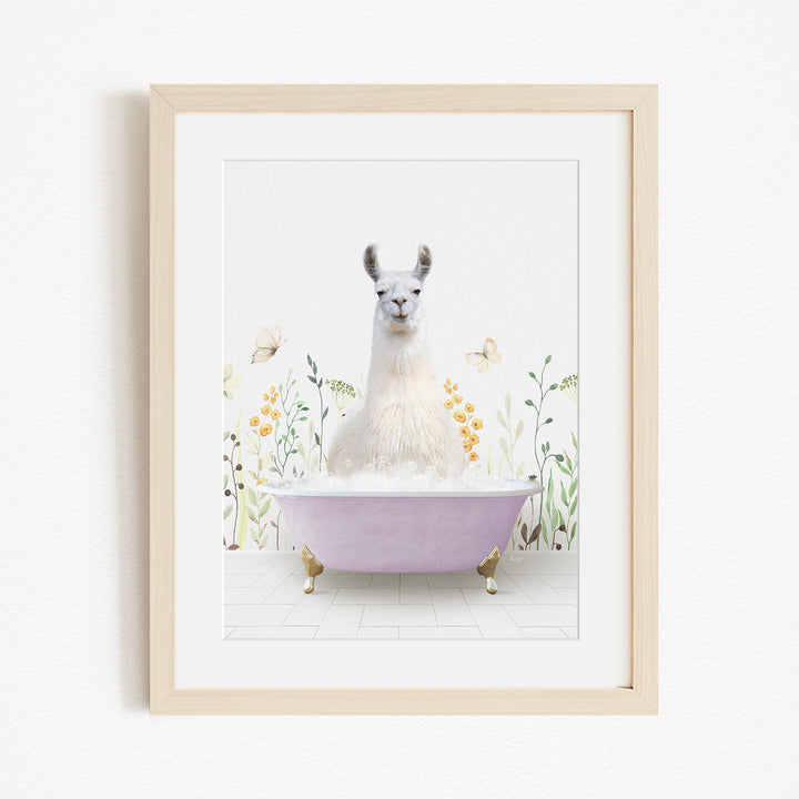 A white llama sitting in a purple bathtub filled with bubbles, surrounded by flowers and butterflies.