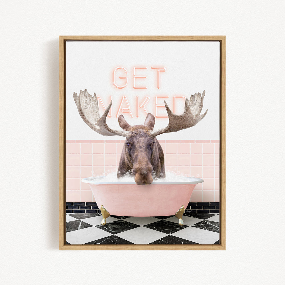 A moose is sitting in a pink bathtub, with the words "GET NAKED" written above it.