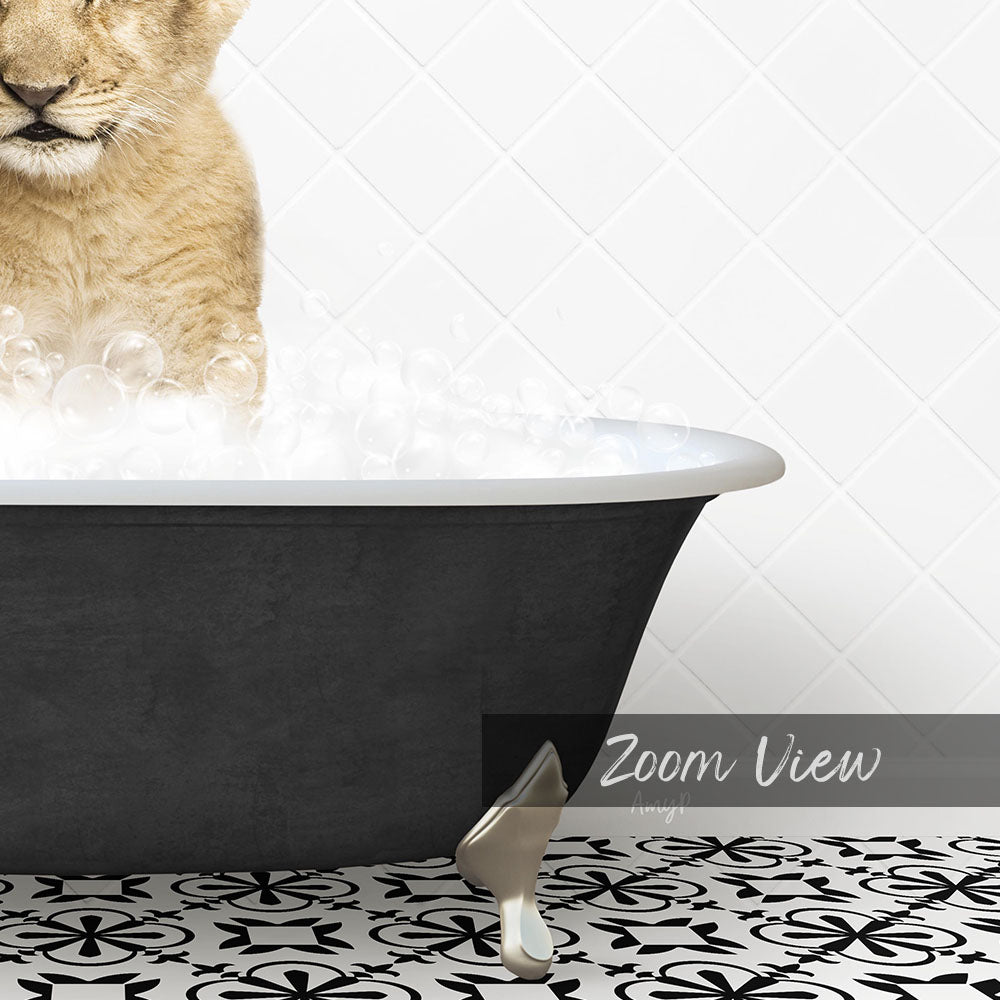 A cat is sitting in a bathtub filled with bubbles, with a black and white patterned floor in the foreground.