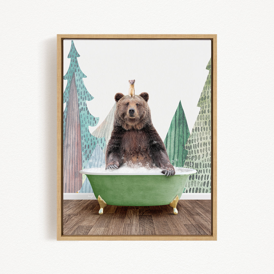 A brown bear sitting in a green bathtub, with a small bird perched on its head.