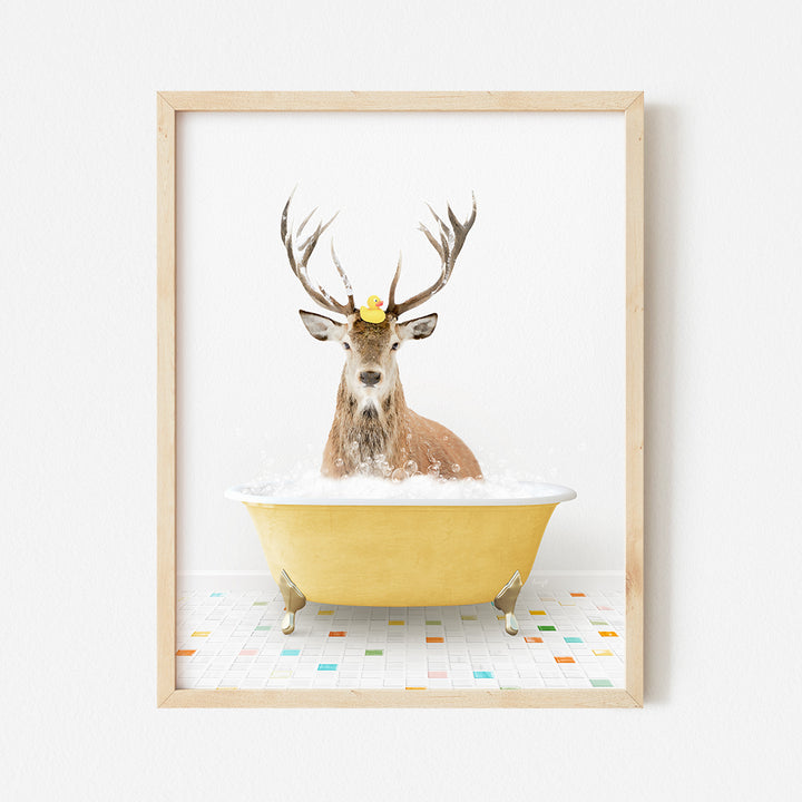 a deer with a crown in a bathtub