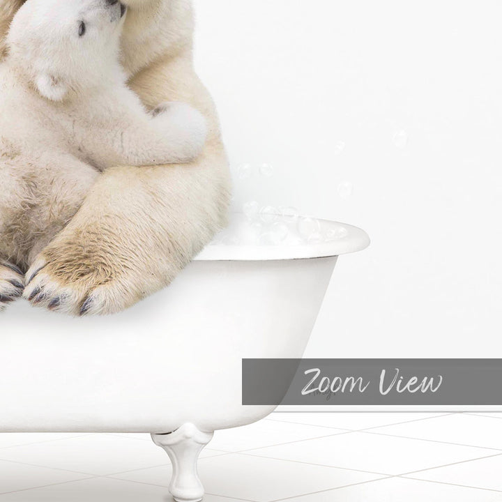 A polar bear sitting in a bathtub filled with water, with bubbles around it.