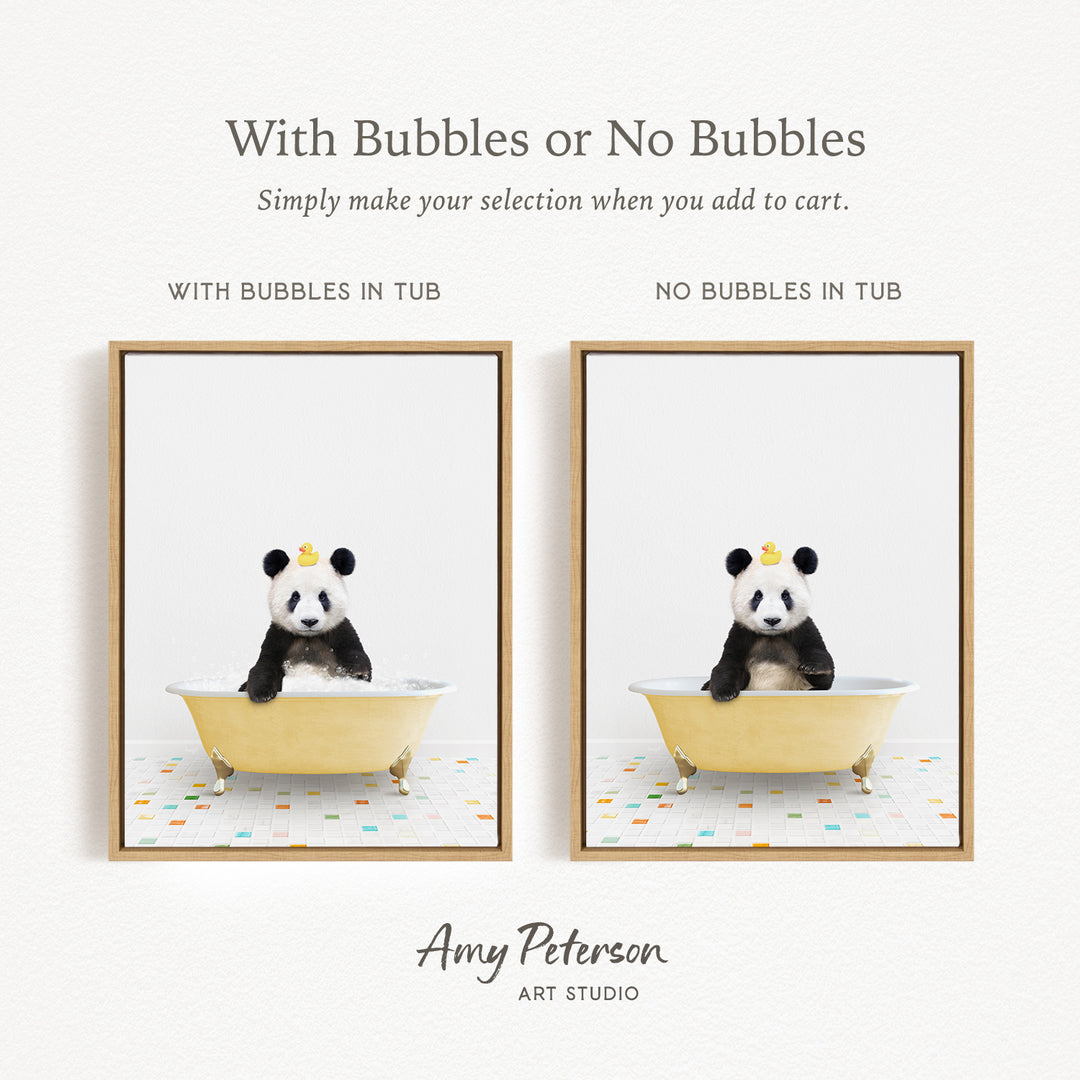 The image is a collage of two framed pictures, each featuring a panda bear sitting in a bathtub. The panda bear in the bathtub has a yellow bathtub, and the panda bear in the bathtub does not have a bathtub. The text above the images reads "With Bubbles or No Bubbles" and "Simply make your selection when you add to cart."