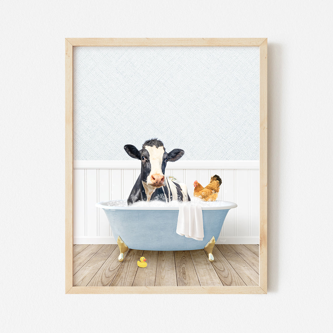 a picture of a cow in a bathtub with a chicken in it