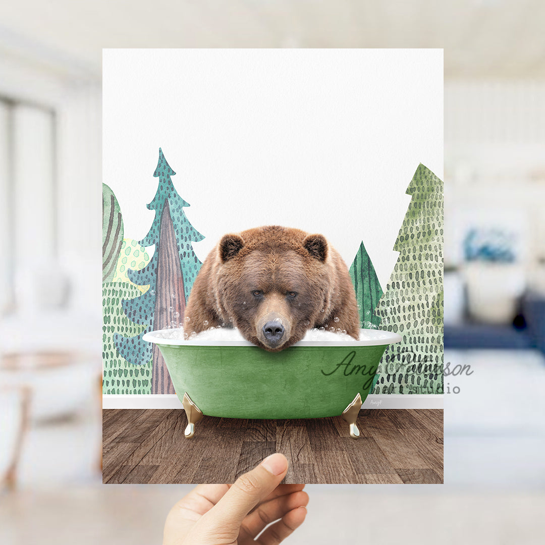 a bear is taking a bath in a green tub