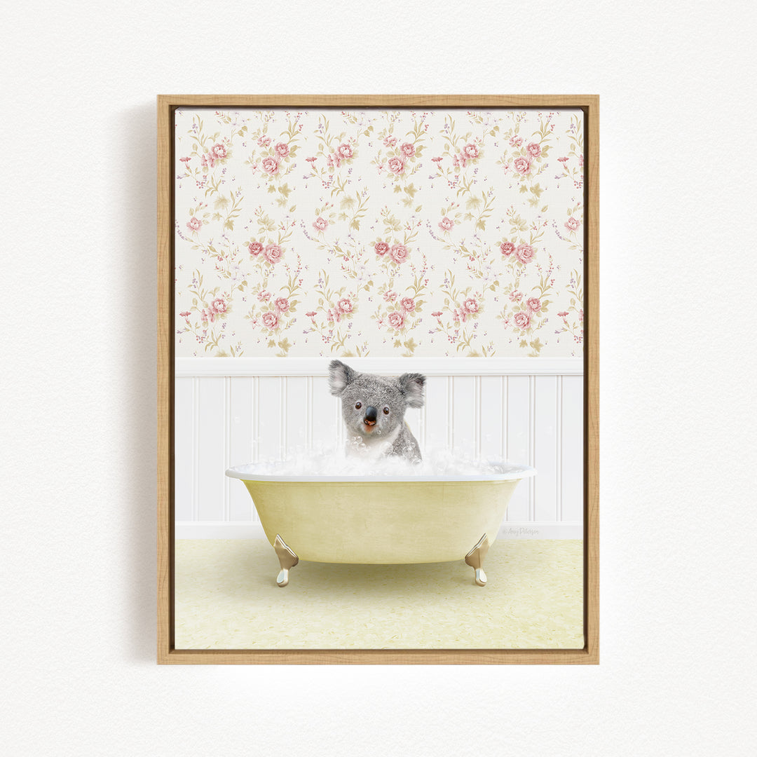 A koala bear sitting in a bathtub filled with bubbles, surrounded by a floral wallpaper.
