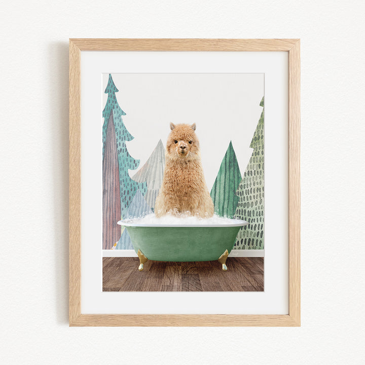 A small brown dog sitting in a green bathtub, surrounded by a forest-themed background.