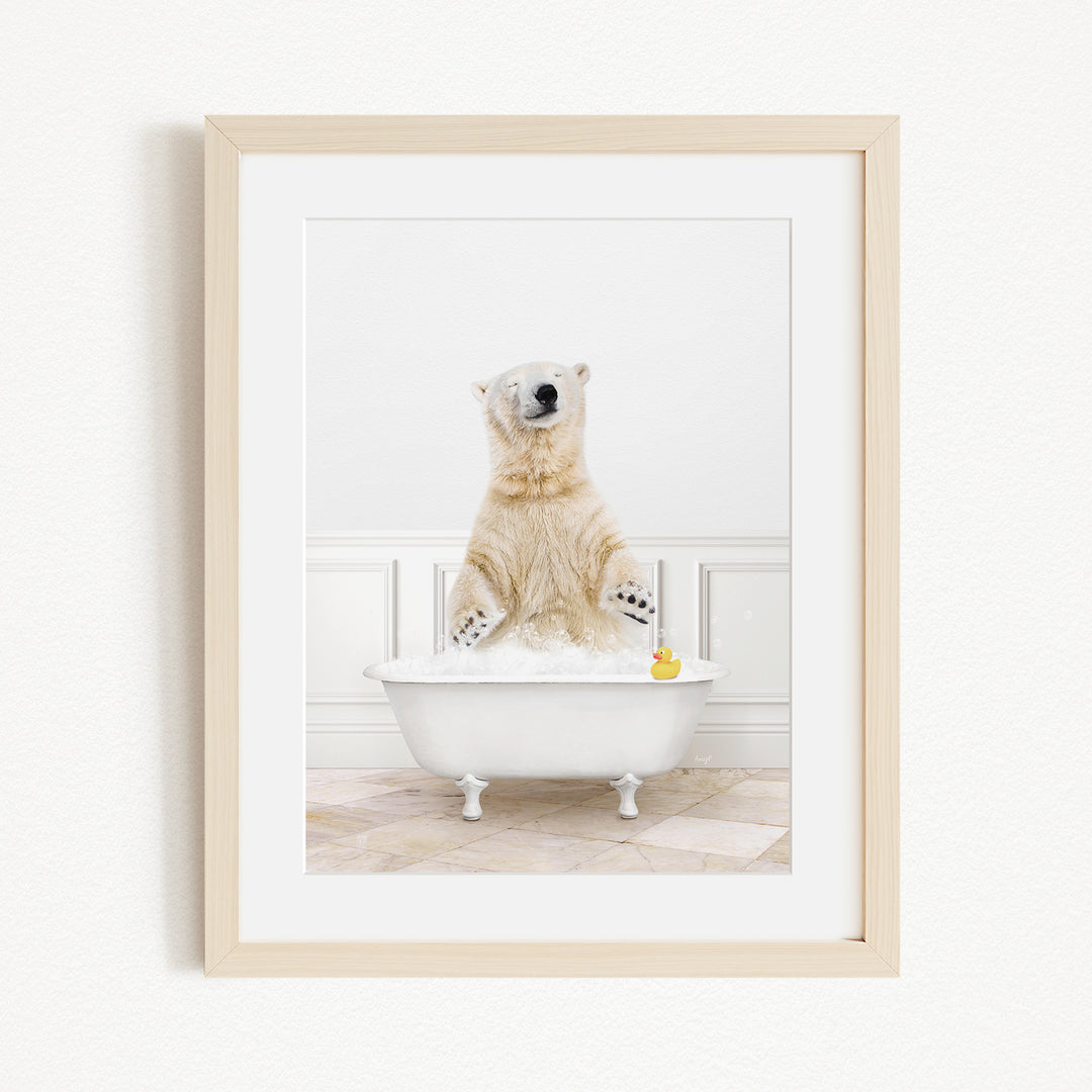 A polar bear standing in a white bathtub, with a yellow rubber duck floating in the water.