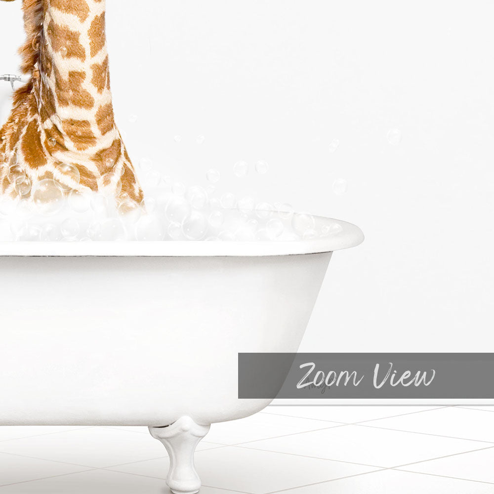A giraffe standing in a white bathtub filled with bubbles.