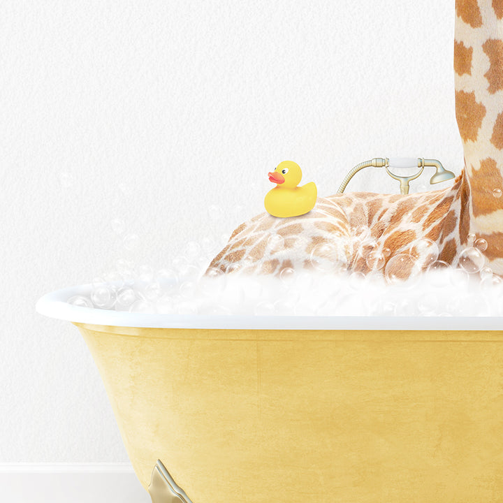 a giraffe and a rubber duck in a bathtub