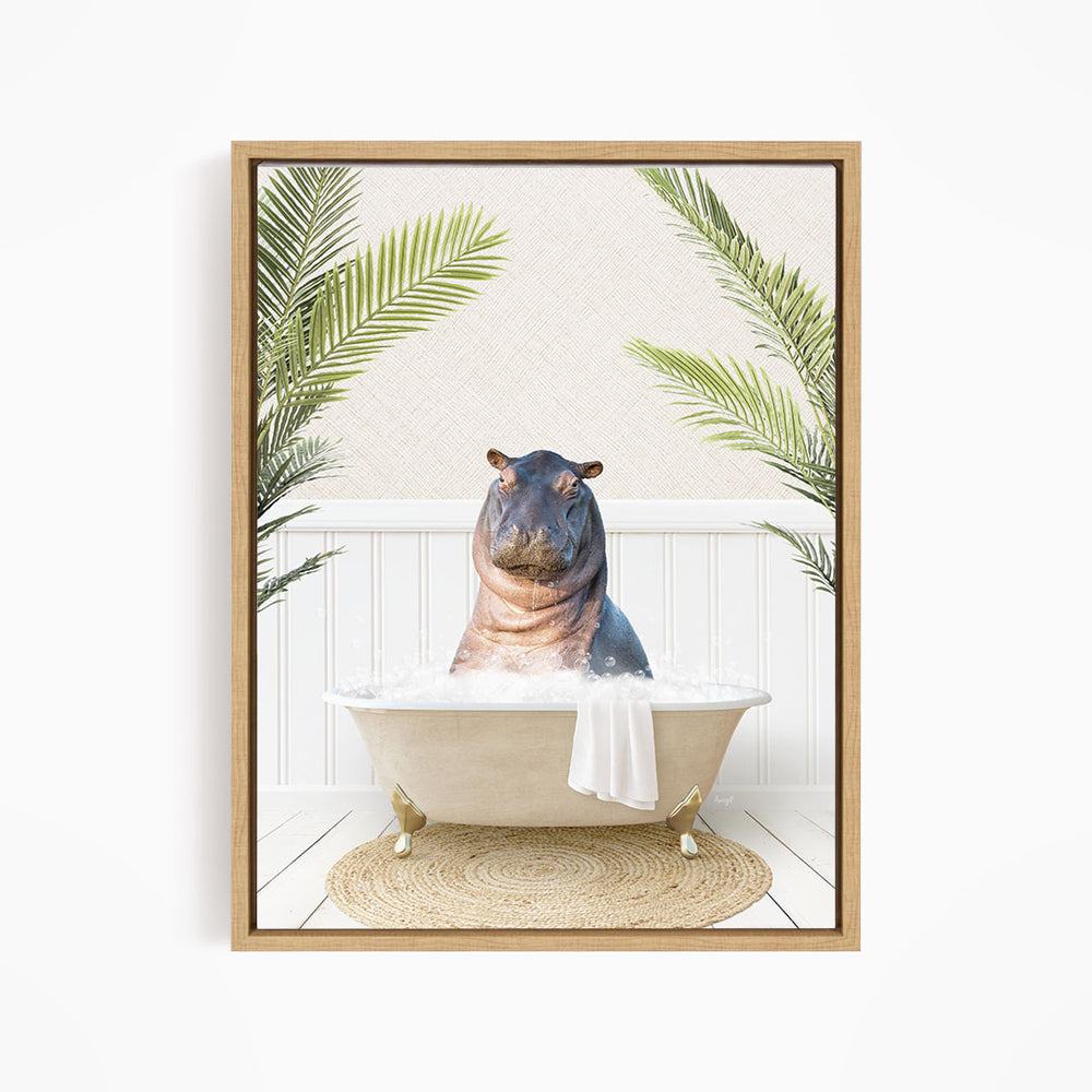 A hippopotamus sitting in a bathtub filled with water, surrounded by palm leaves, creating a whimsical and playful scene.