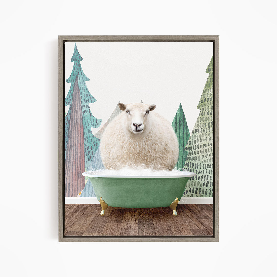 A fluffy white sheep sits in a green bathtub, surrounded by a forest scene with trees and a snowy landscape.