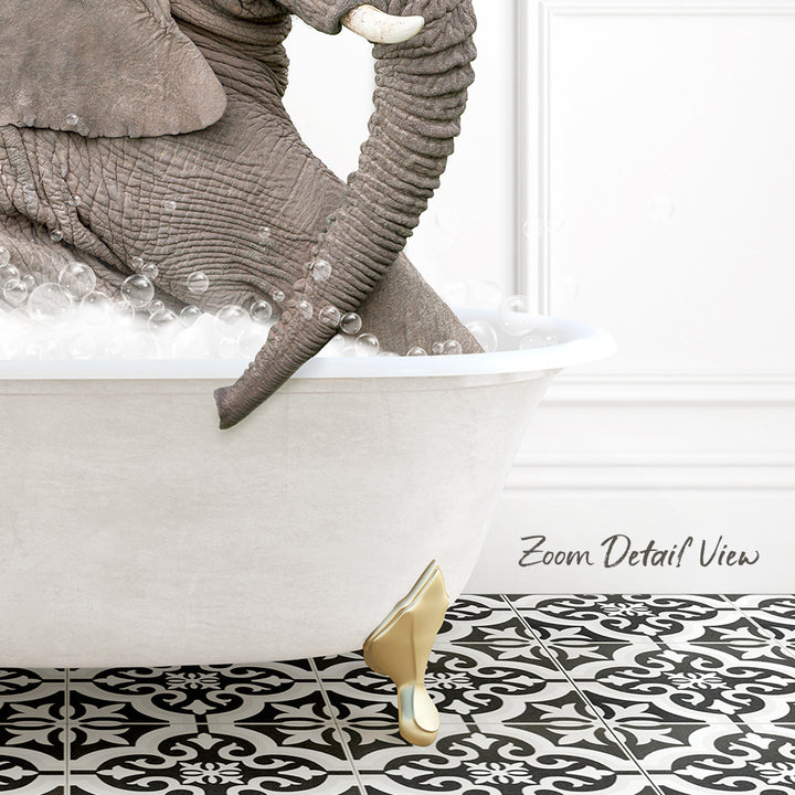 A large elephant is sitting in a white bathtub filled with bubbles, creating a whimsical and playful scene.