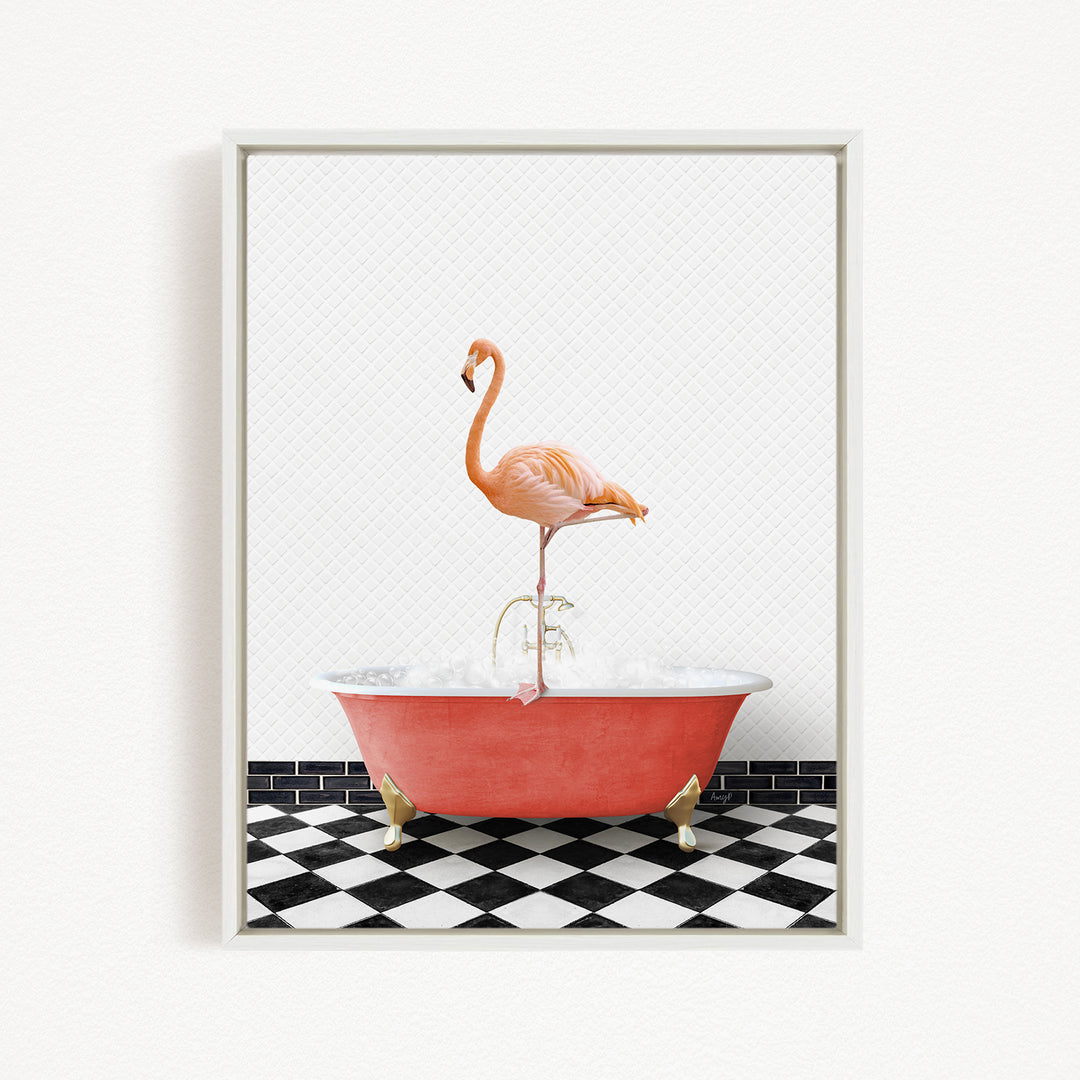 A pink flamingo standing on the rim of a red bathtub filled with water, set against a black and white checkered floor.