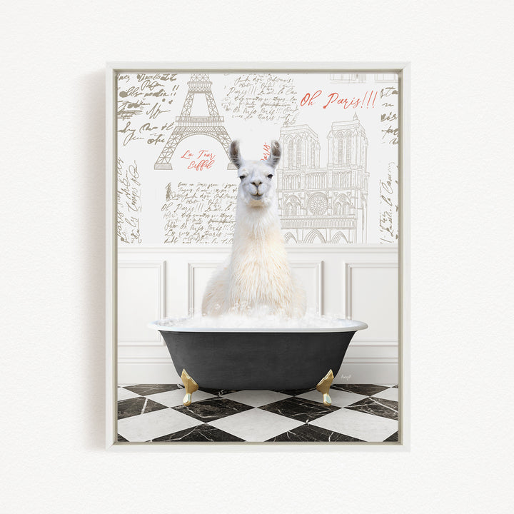 A white llama sitting in a black bathtub filled with bubbles, with a Paris-themed background featuring the Eiffel Tower and other landmarks.