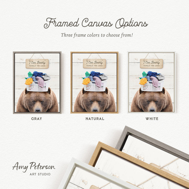 The image is a framed canvas option featuring three different framed pictures of a bear. The bear is shown in various colored frames, including gray, natural, and white. The text above the images reads " framed Canvas Options" and "Three frame colors to choose from!".