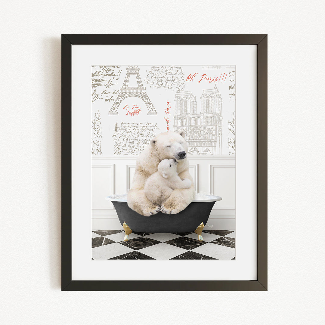 A framed image depicting a polar bear sitting in a bathtub, with a drawing of the Eiffel Tower in the background.