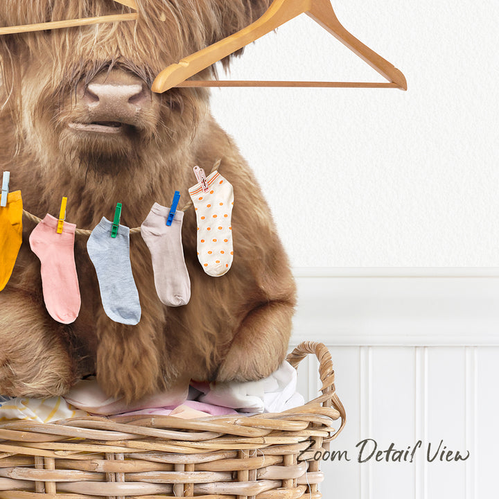 A brown cow is sitting in a wicker basket, hanging socks on a clothesline.