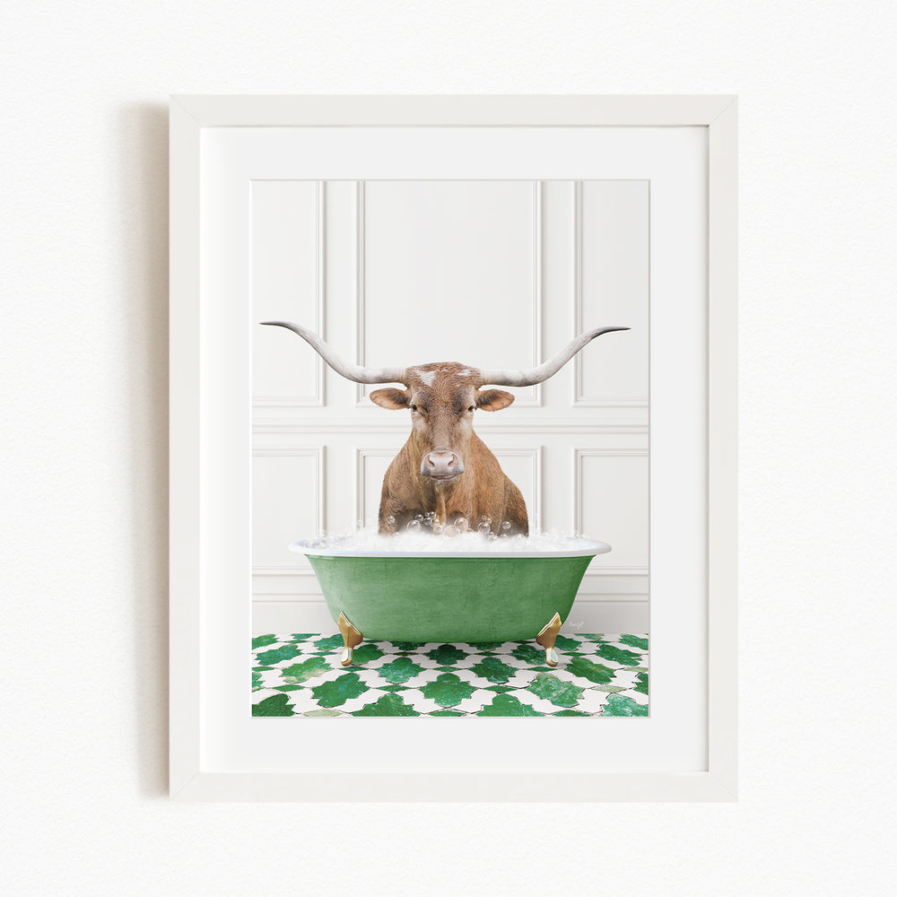 A brown cow with long horns is sitting in a green bathtub filled with water, creating a whimsical and humorous scene.