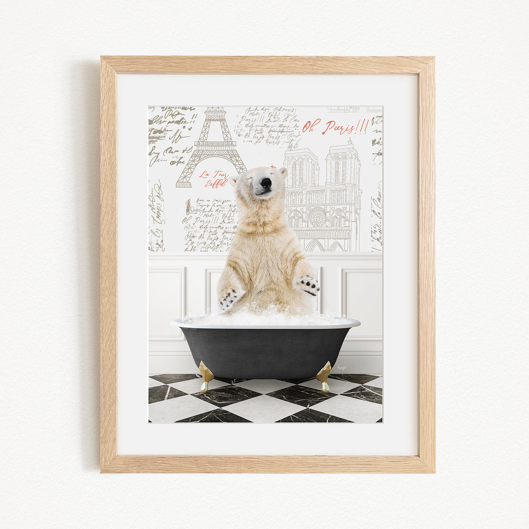 A polar bear sitting in a bathtub filled with water, surrounded by a checkered floor and a wall with the Eiffel Tower and other Parisian landmarks.