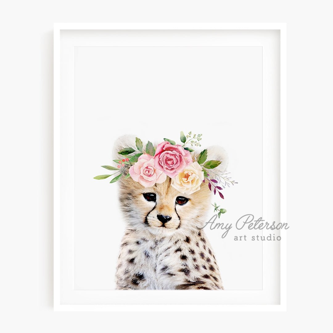 a picture of a cheetah wearing a flower crown