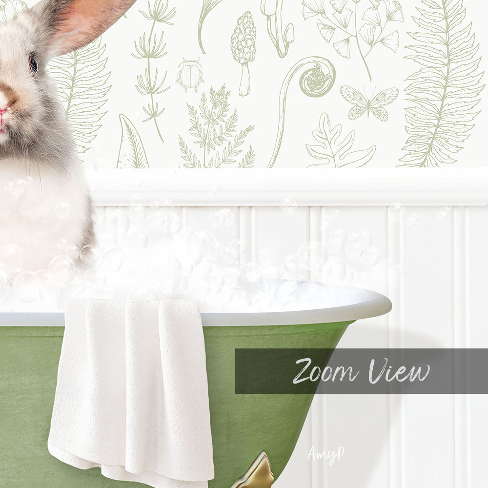 A white rabbit sitting in a green bathtub filled with bubbles, with a green wall decorated with various plants and butterflies in the background.