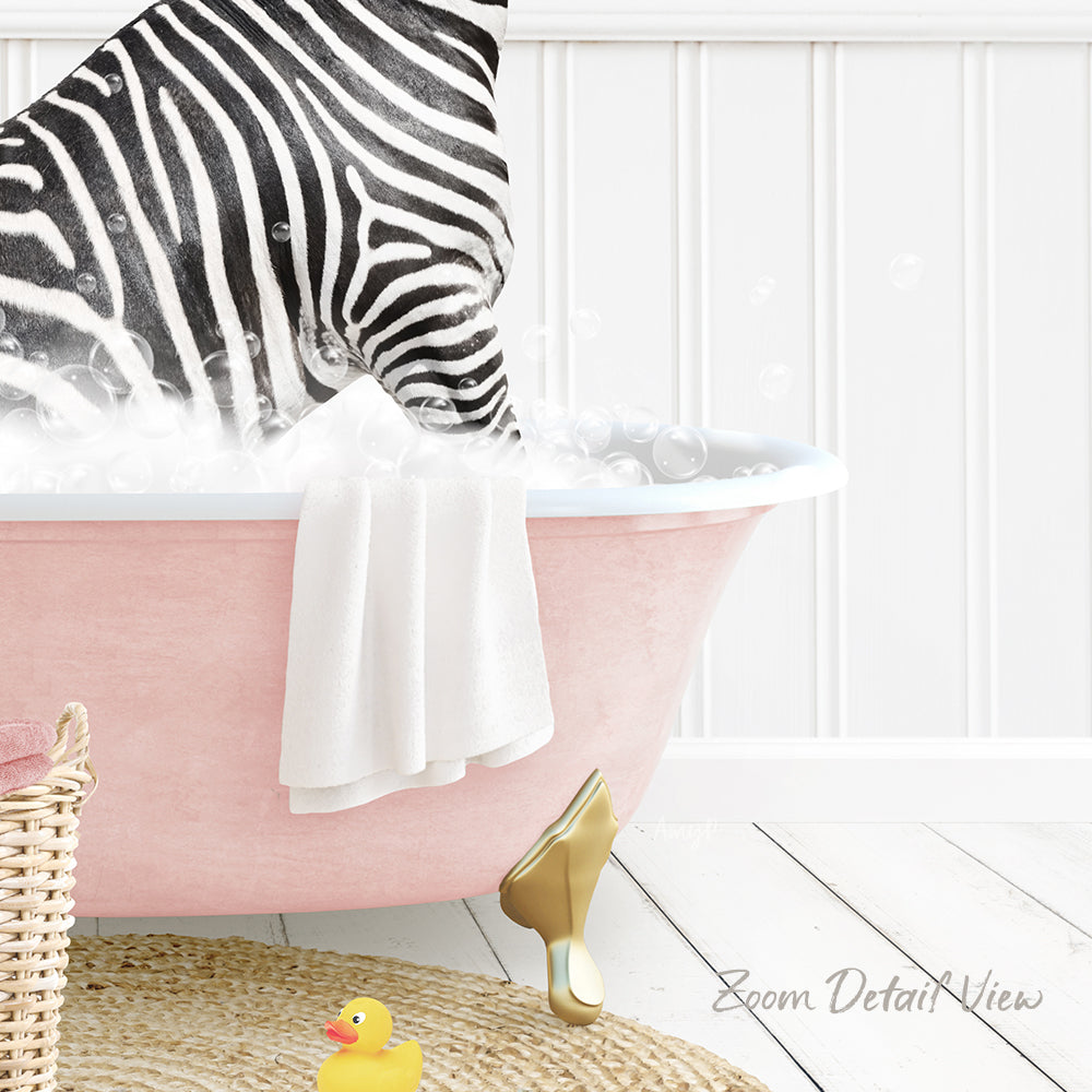 A pink bathtub filled with bubbles, with a zebra standing inside and a yellow rubber duck nearby.