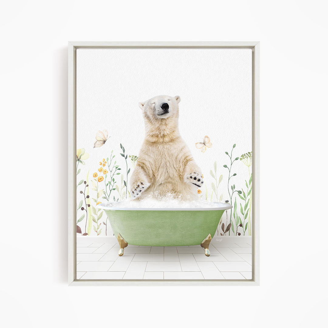 A polar bear standing in a green bathtub filled with water, surrounded by flowers and butterflies.