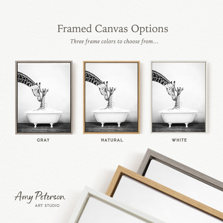 three framed canvas options, each featuring a black and white image of a giraffe in a bathtub. The options include a gray frame, a natural frame, and a white frame.