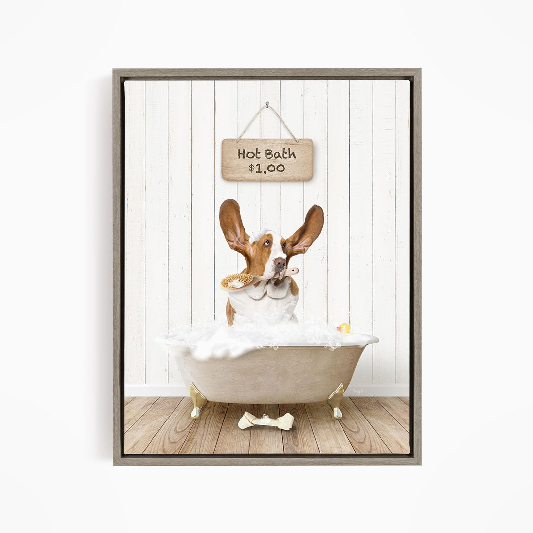 A brown and white dog sitting in a white bathtub, with a sign above the tub that reads "Hot Bath $1.00".
