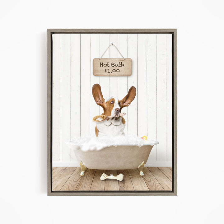 A brown and white dog sitting in a white bathtub, with a sign above the tub that reads "Hot Bath $1.00".