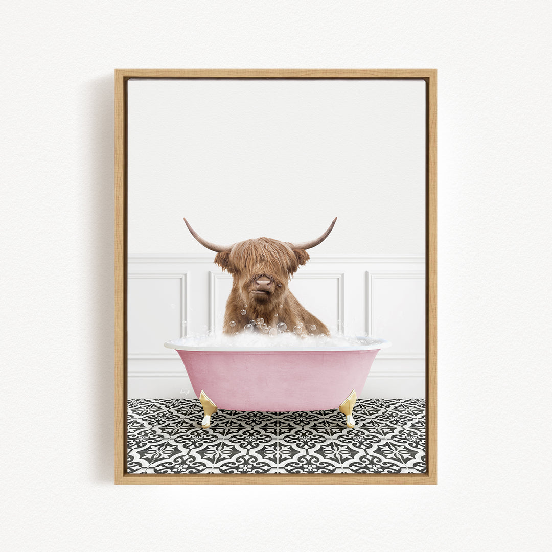 A brown cow with horns is sitting in a pink bathtub filled with bubbles, creating a whimsical and playful scene.