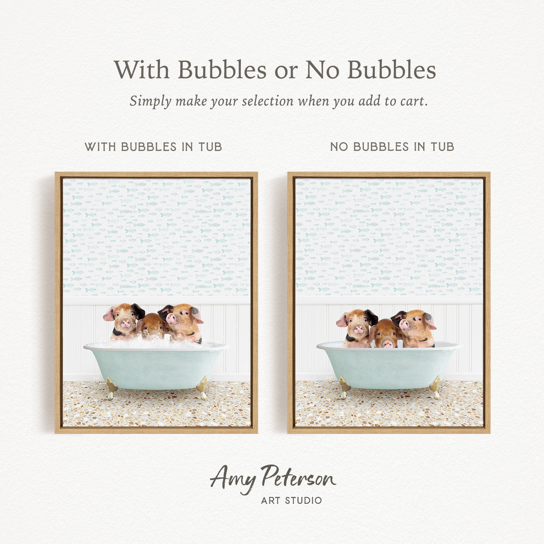 The image is a collage of two framed pictures, each depicting a group of small animals, likely hamsters, sitting in a bathtub. The text above the images reads "With Bubbles or No Bubbles" and below the images, it says "Simply make your selection when you add to cart."