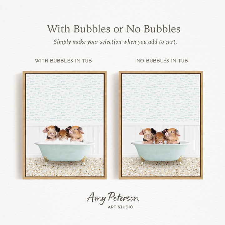 The image is a collage of two framed pictures, each depicting a group of small animals, likely hamsters, sitting in a bathtub. The text above the images reads "With Bubbles or No Bubbles" and below the images, it says "Simply make your selection when you add to cart."