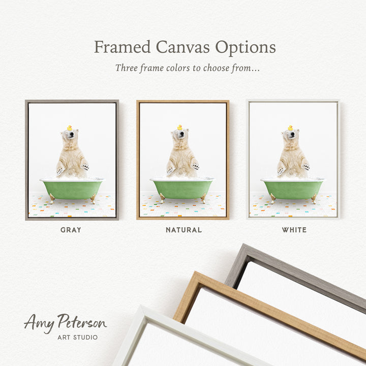 three framed canvas options, each featuring a bear sitting in a bathtub. The options include a gray frame, a natural frame, and a white frame.