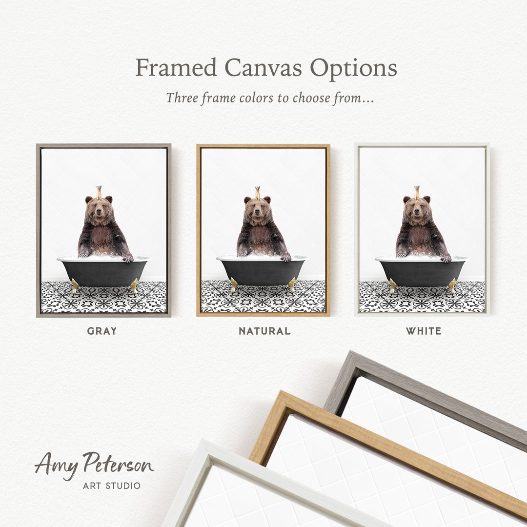 three framed canvas options, each featuring a bear sitting in a bathtub. The options include a gray frame, a natural frame, and a white frame.