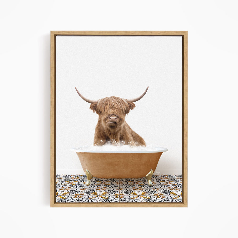 A Highland cow with long horns is sitting in a bathtub filled with water, creating a whimsical and humorous scene.