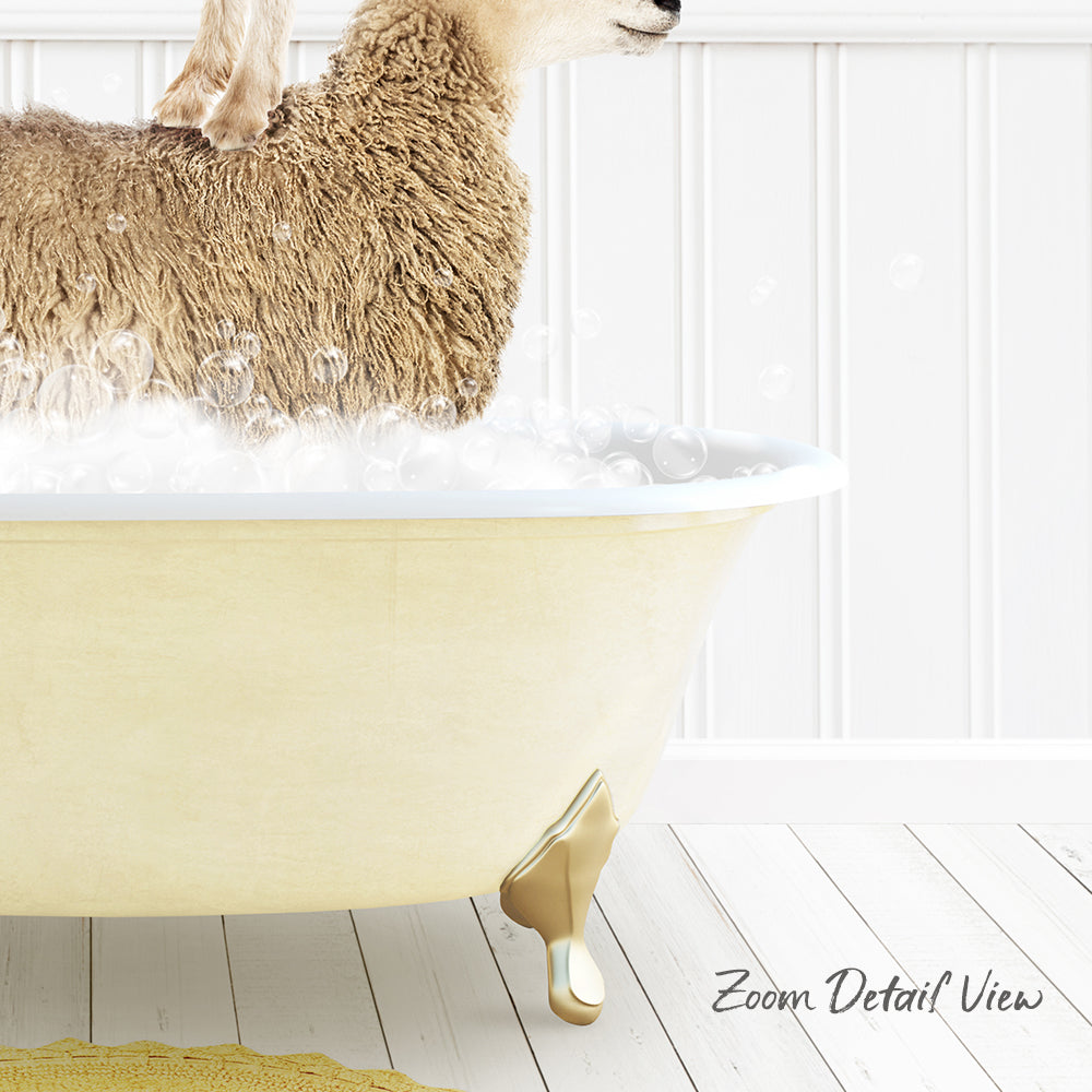 A fluffy brown sheep is sitting in a yellow bathtub filled with bubbles, enjoying a bath.