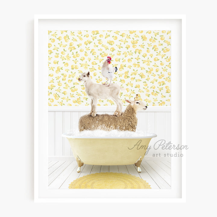 a sheep standing on top of a sheep in a bathtub