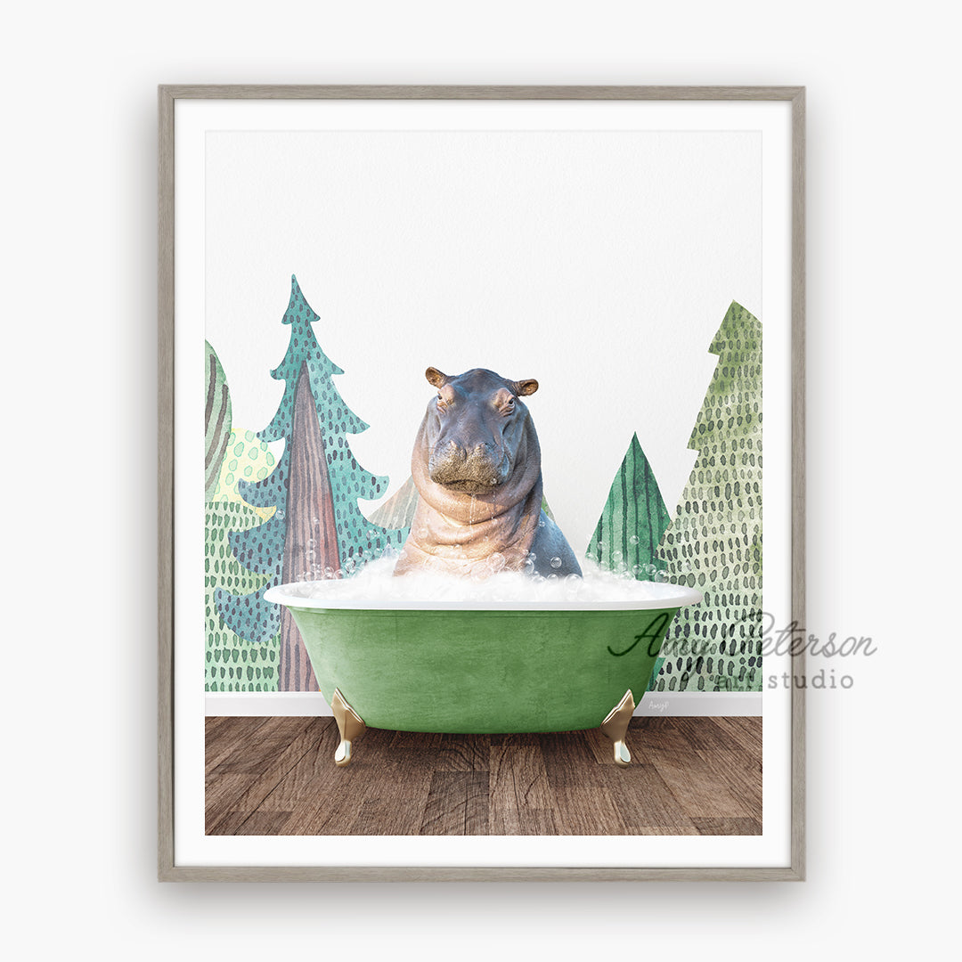 a hippo sitting in a green bathtub surrounded by trees