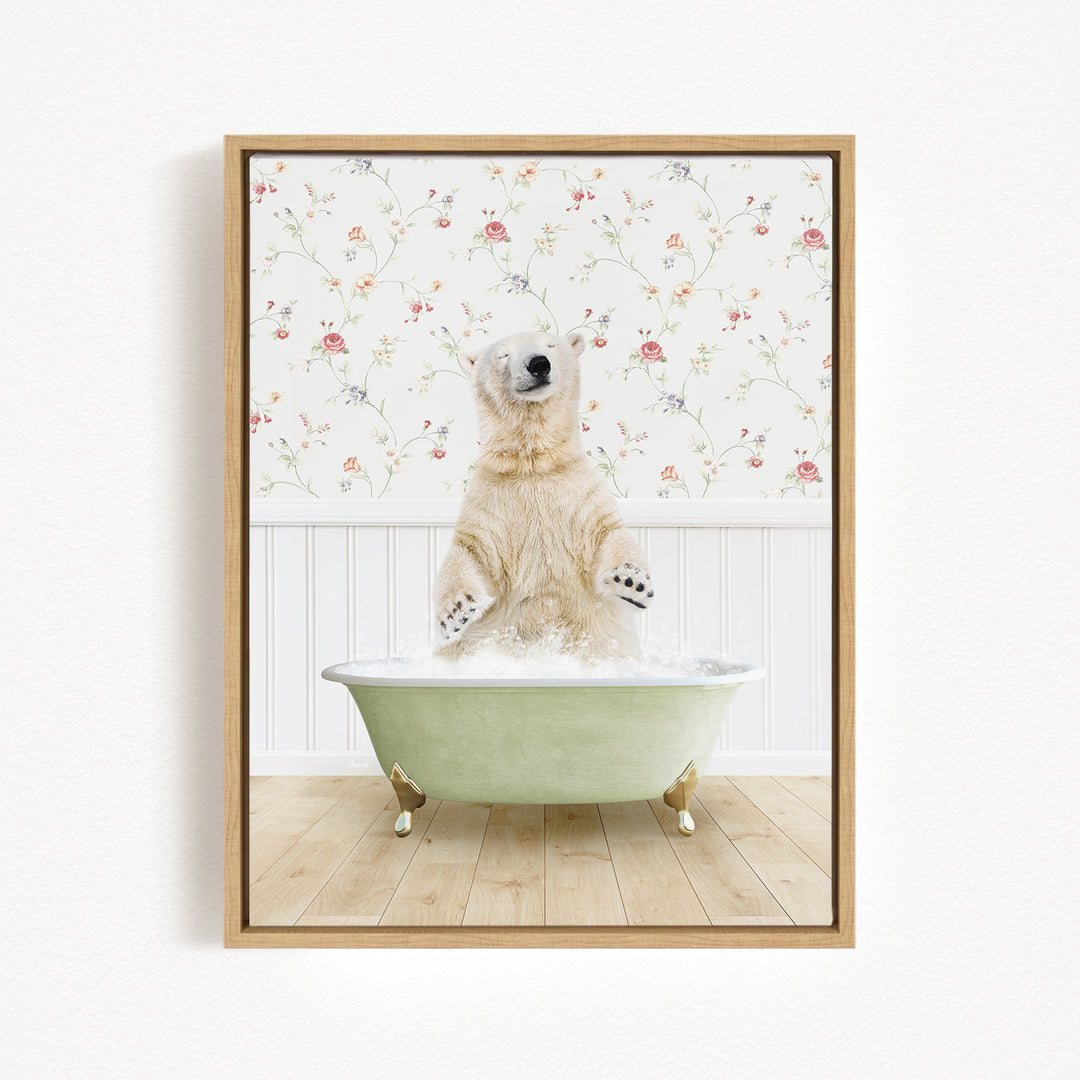 A polar bear standing in a green bathtub filled with water, with a floral wallpaper in the background.