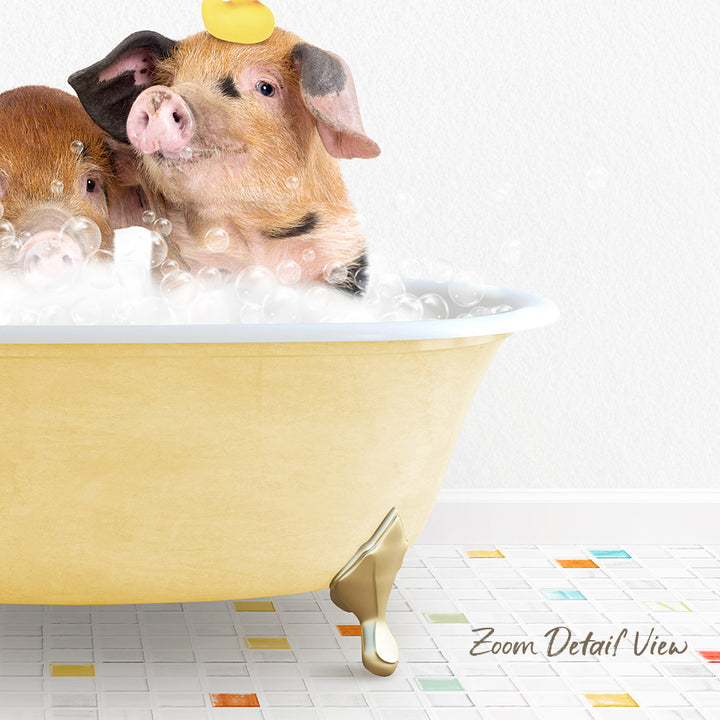 A yellow bathtub filled with bubbles, with two adorable pigs sitting inside and enjoying a bath together.