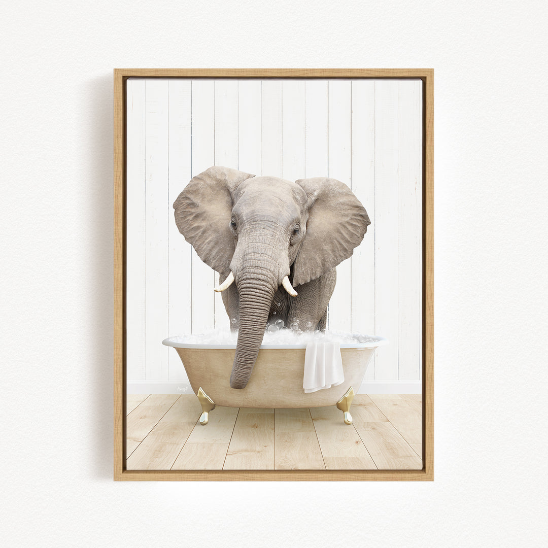 A gray elephant is standing in a bathtub filled with water, with its trunk submerged in the water.