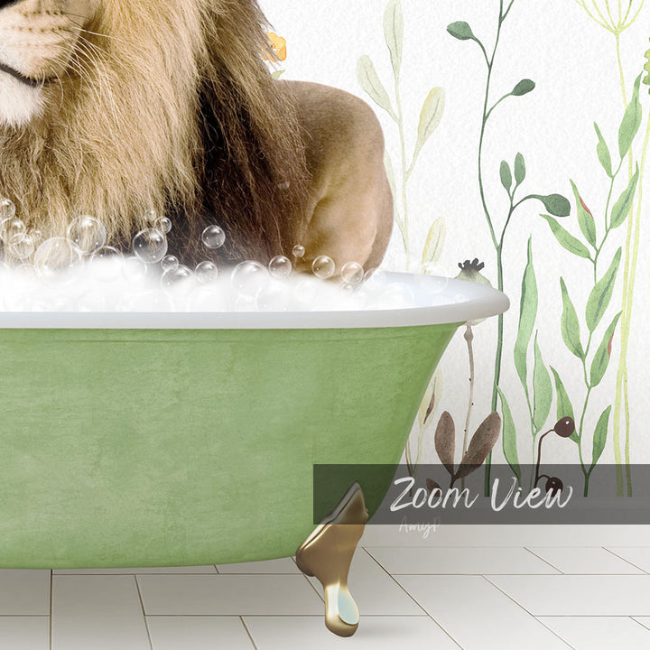 A lion is sitting in a green bathtub filled with bubbles, surrounded by a floral wall decoration.